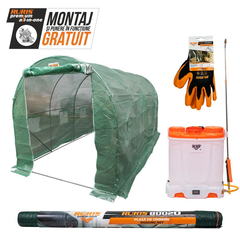 Pachet Fermierul Gospodar,- Pulverizator electric RURIS RSE 1900s + Solariu RURIS 400 + Plasa de umbrire RURIS 80020 + manusi de protectie RURIS Universal, size L